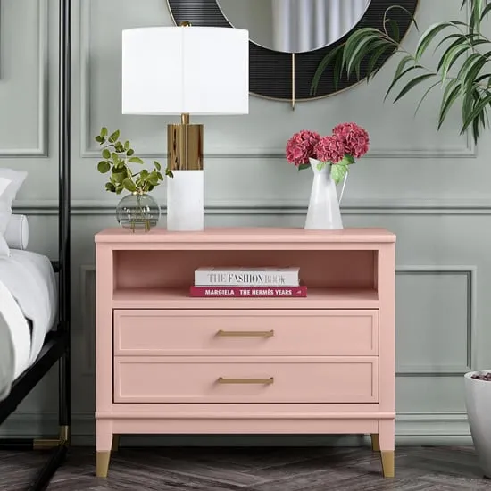 Waller Wide Bedside Cabinet with 2 Drawers - Pale Pink, MDF