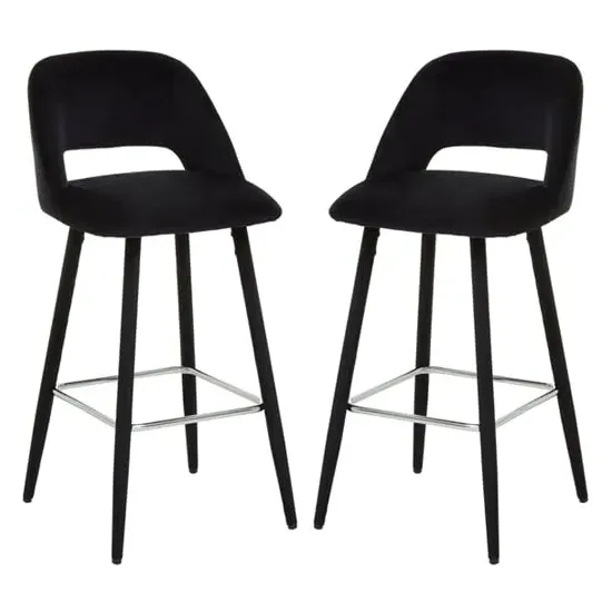 Warns Bar Chairs with Silver Footrest - Black, Velvet