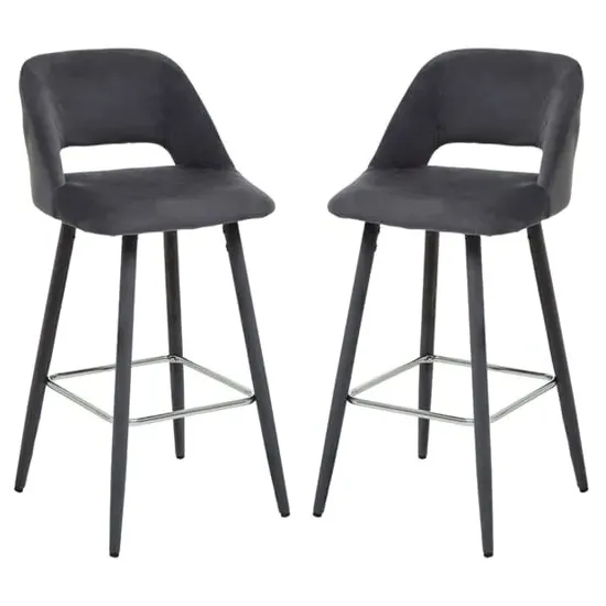 Warns Bar Chairs with Silver Footrest - Grey, Velvet