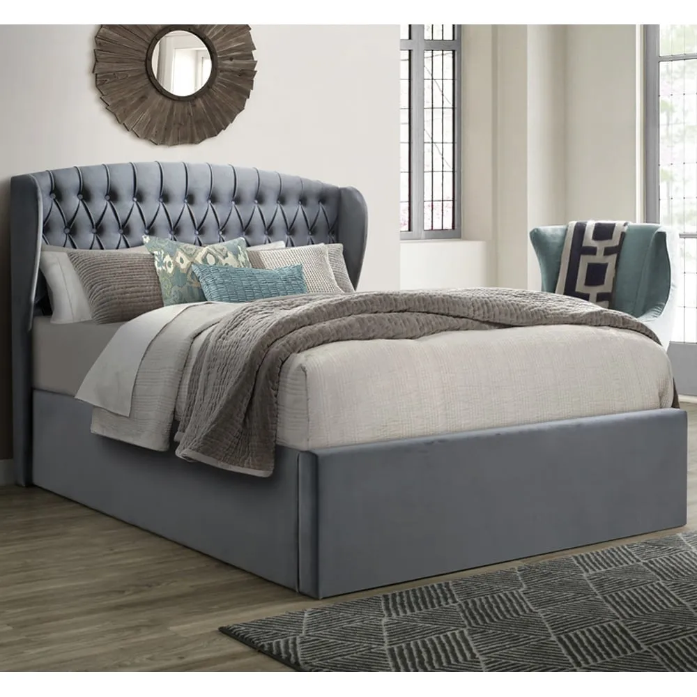 Warren Double Ottoman Bed with Storage - Grey, Velvet