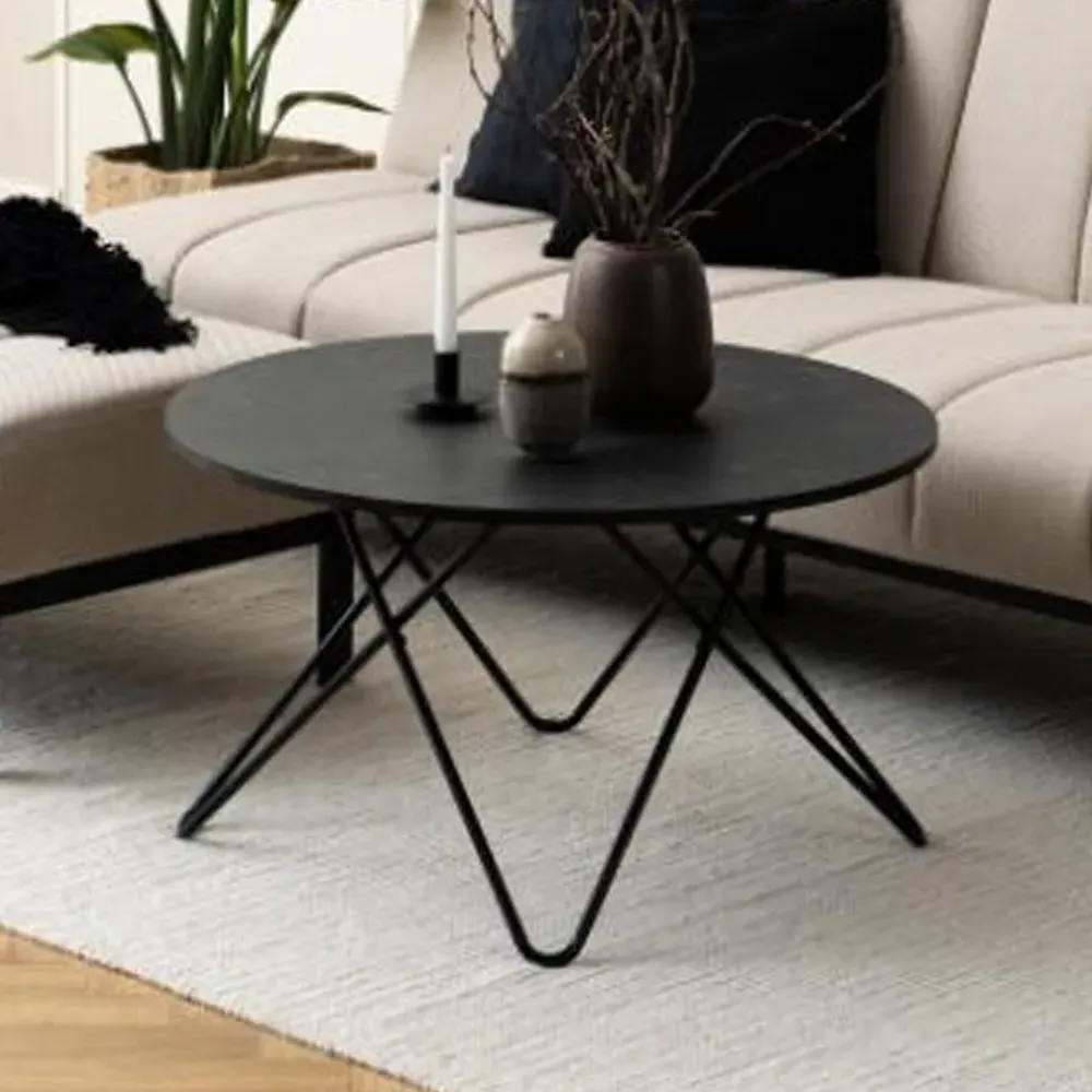 Warren Round Coffee Table - Matt Black, Marble Effect product