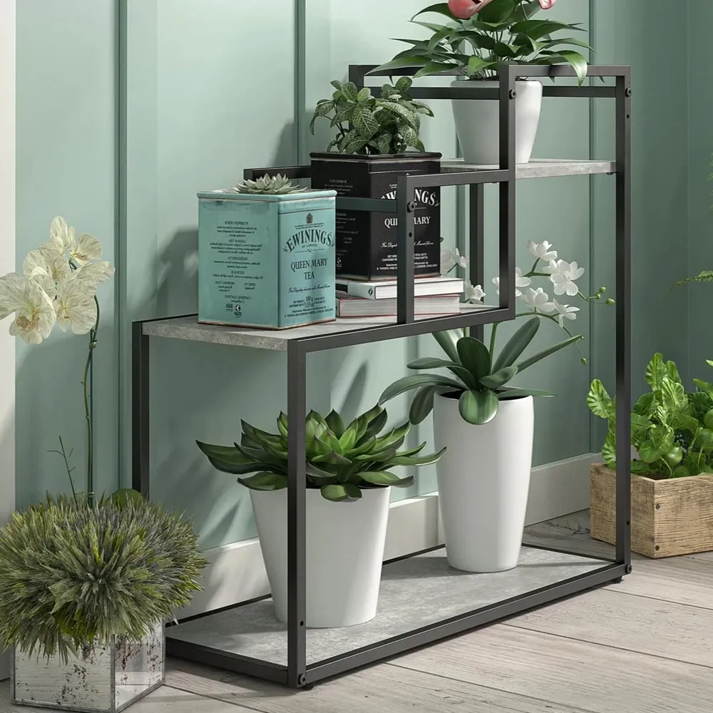 Warton 3-Tier Plant Stand - Light Concrete, Wood