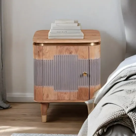 Wayne Acacia Wood Bedside Cabinet 1 Door - Natural, Grey image