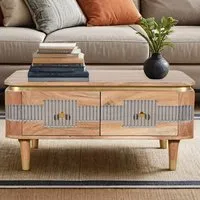 Wayne Acacia Wood Coffee Table 2 Drawers - Natural, Grey
