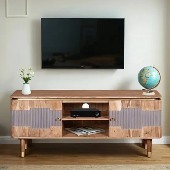 Wayne Acacia Wood TV Stand 2 Doors - Natural, Grey