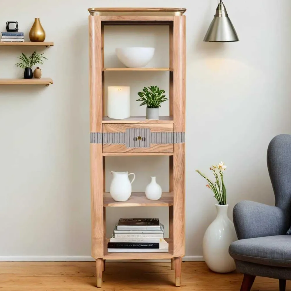 Wayne Bookcase with 1 Drawer - Natural, Grey, Acacia Wood product
