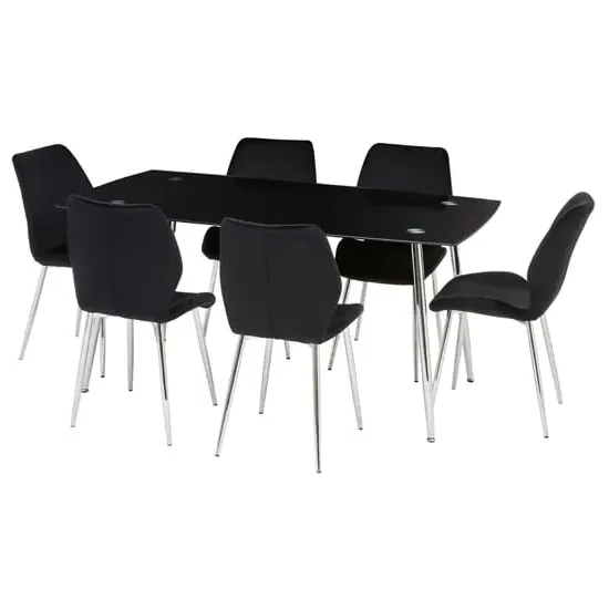 Wims Rectangular Glass Dining Table with 6 Velvet Chairs - Black image