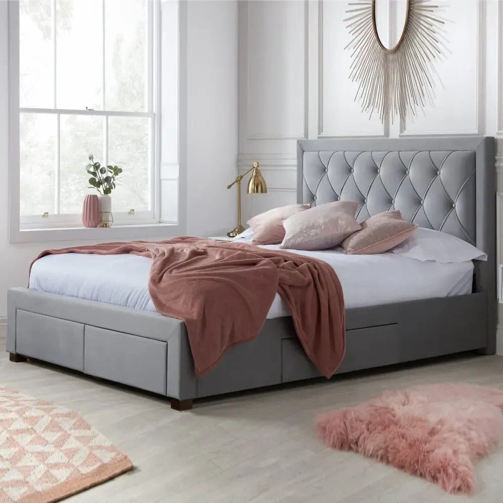 Woodberry Double Bed with 4 Drawers - Grey, Fabric image