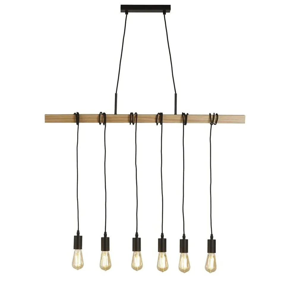 Woody 6 Light Bar Pendant Light - Black, Wood