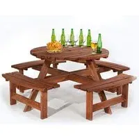 Yetta Round Picnic Table with 8 Seater Benches - Brown, Pine