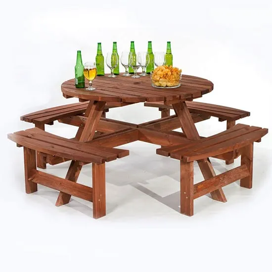 Yetta Round Picnic Table with 8 Seater Benches - Brown, Pine image
