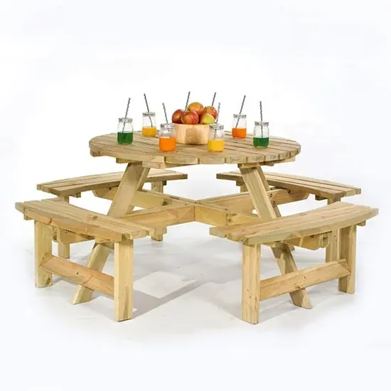 Yetta Round Picnic Table with 8 Seater Benches - Green, Pine