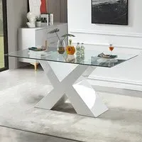 Zanti Dining Table with X-Shape Base - White, Glass