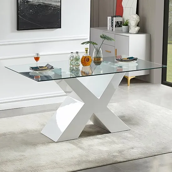 Zanti Dining Table with X-Shape Base - White, Glass