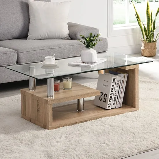 Zariah Coffee Table - Clear, Glass with Oak Base product
