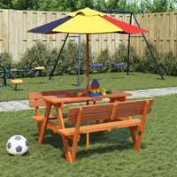 Zivelo Picnic Table Set with Multicolour Umbrella - Dark Brown, Solid Fir Wood alternate view