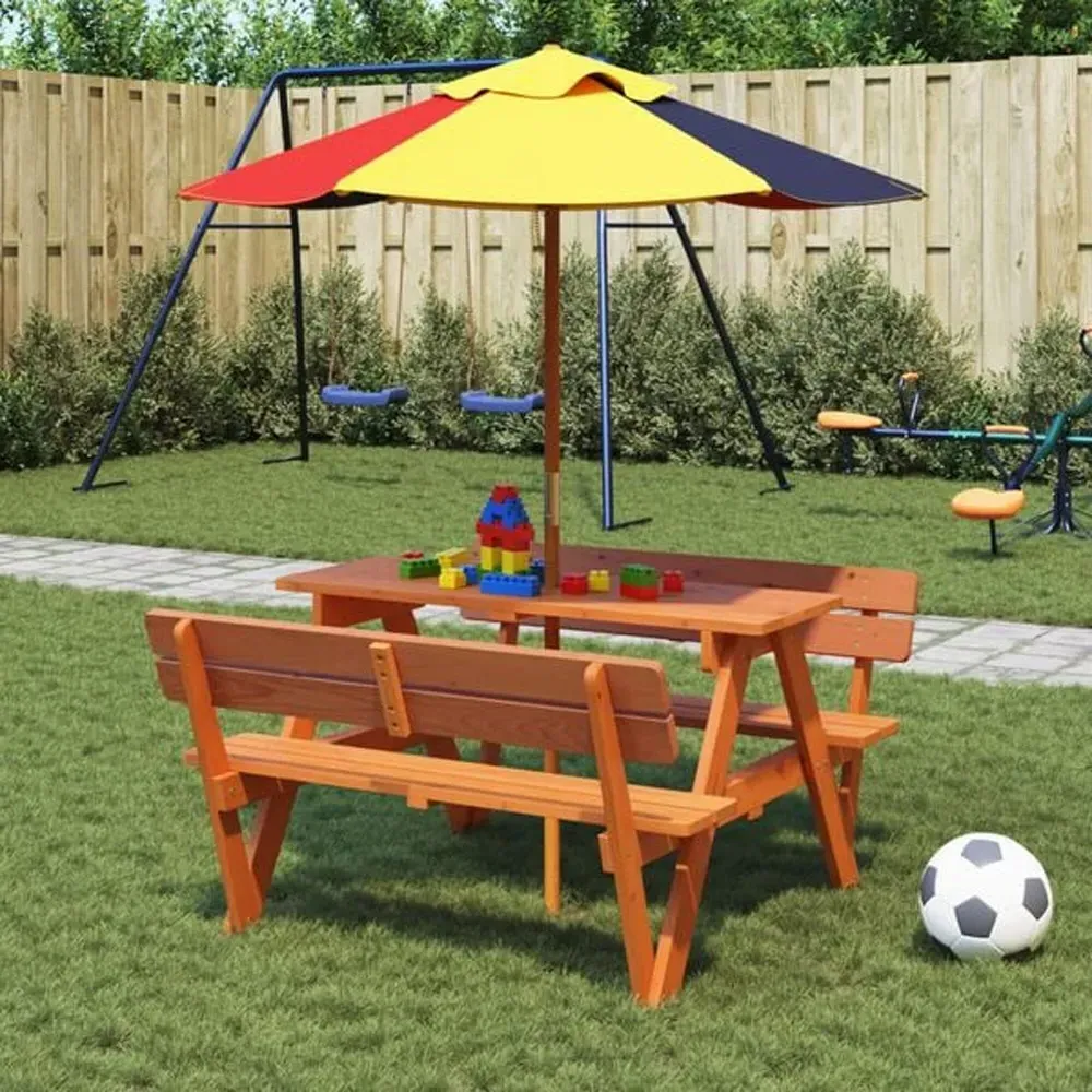 Zivelo Picnic Table Set with Multicolour Umbrella - Dark Brown, Solid Fir Wood product