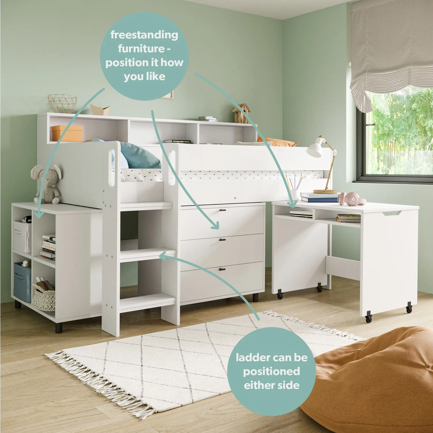 Mid Sleeper Cabin Bed with Desk and Storage - White alternate view