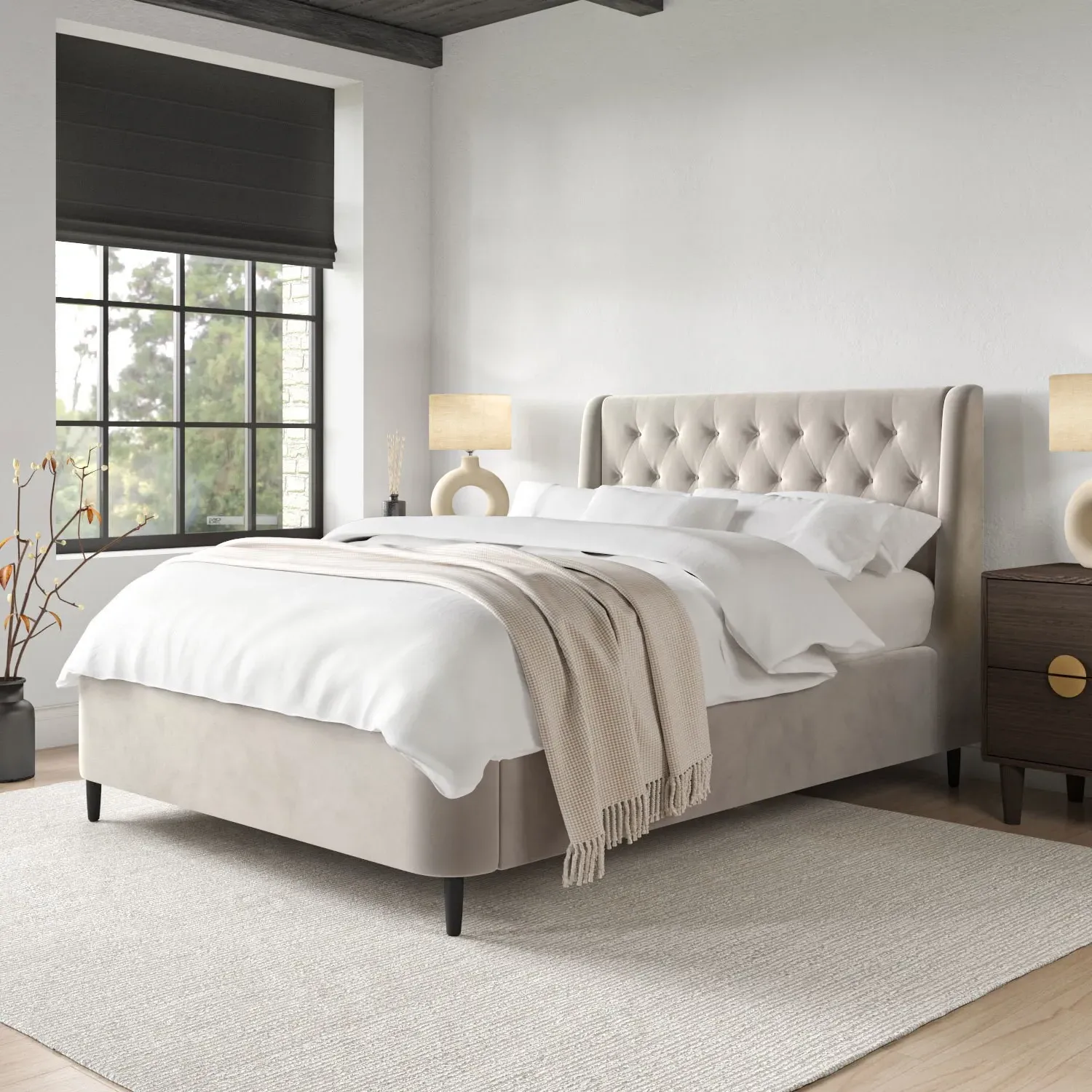 Double Ottoman Bed with Storage Chesterfield Headboard - Beige, Velvet product