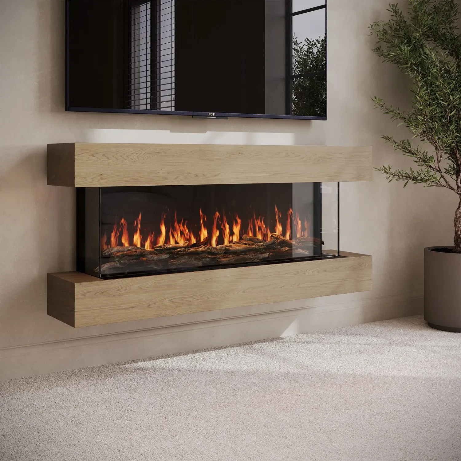 3-Sided Wall Mounted Electric Fireplace with Logs - Oak, Wood product