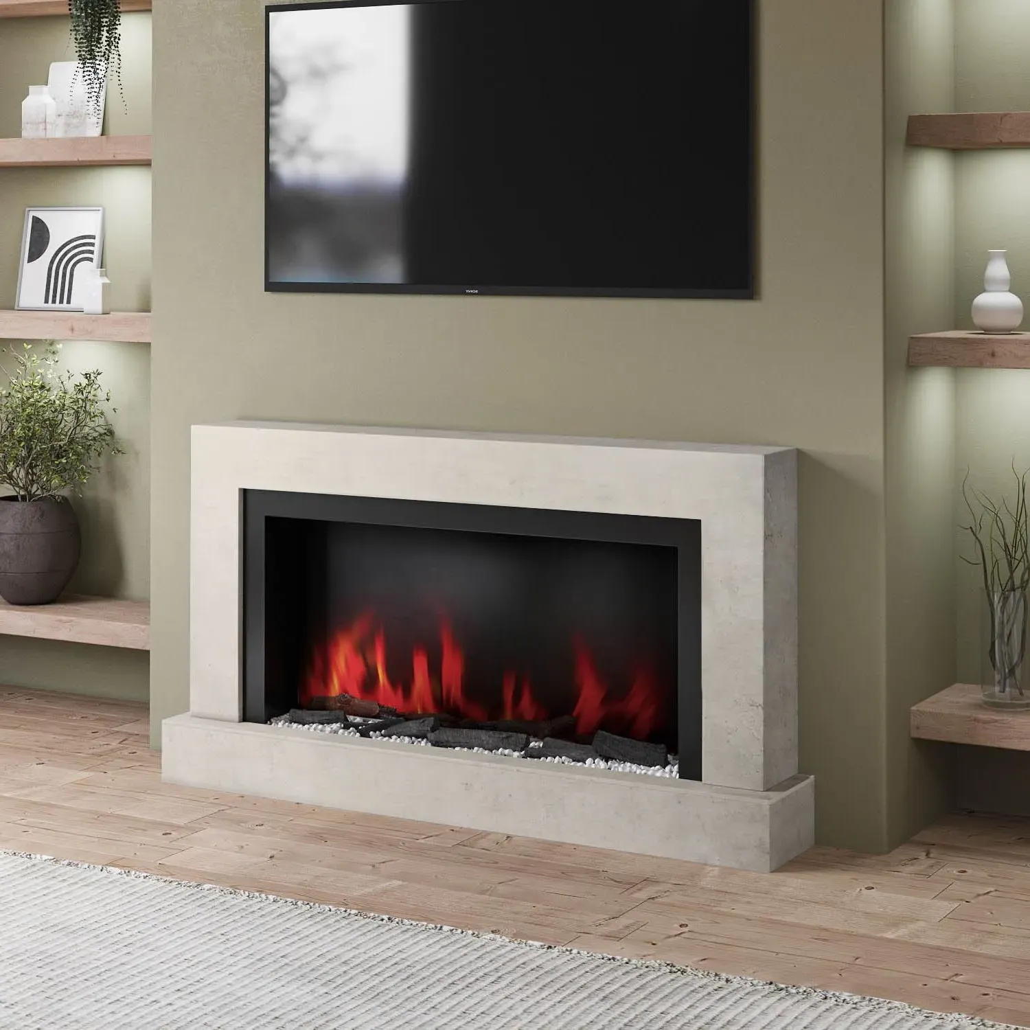 AmberGlo 62 Inch Wall Mounted Electric Fireplace with Pebbles - Grey product
