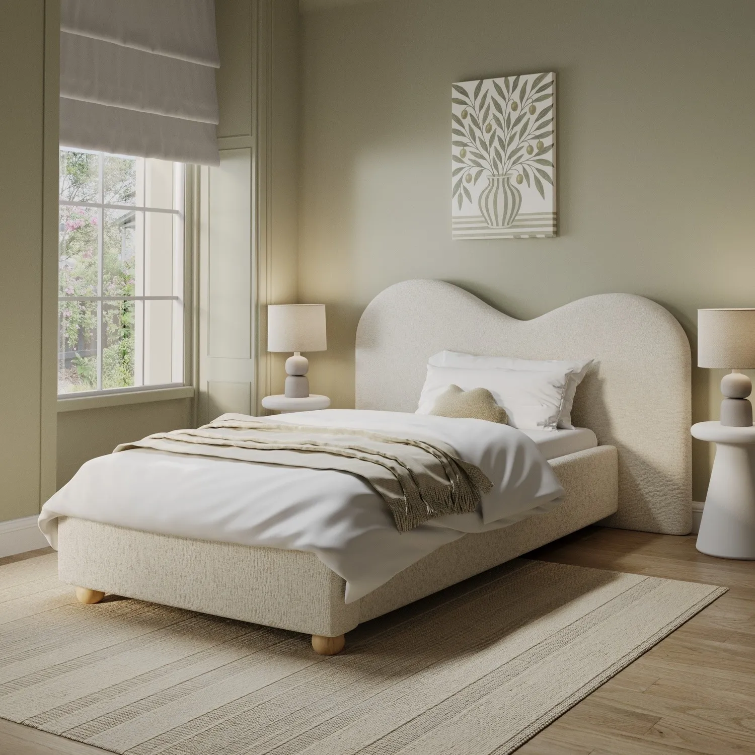 Aria Single Ottoman Bed with Curved Headboard - Cream, Textured Fabric product
