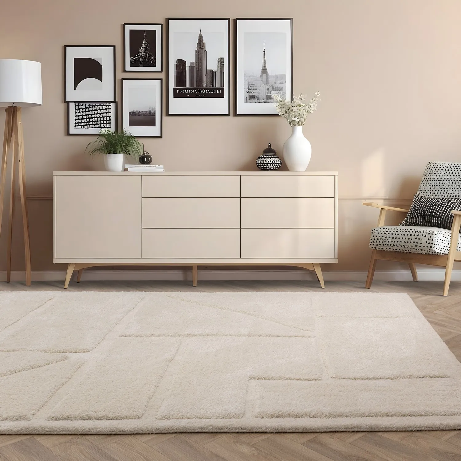 Horizon Rectangular Geometric Rug - Cream, Polyester product