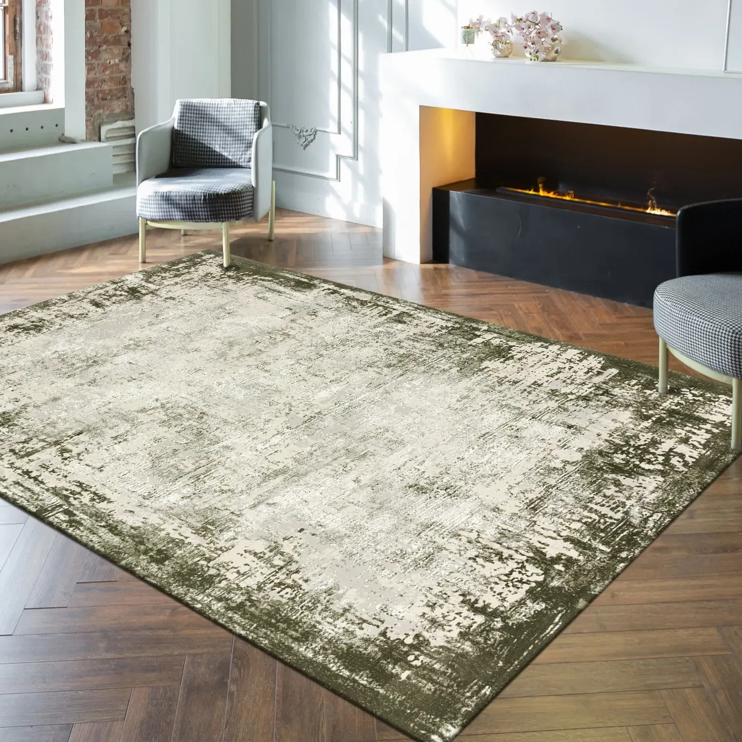 Kuza Large Rectangular Rug with Border - Distressed Green, Polyester alternate view