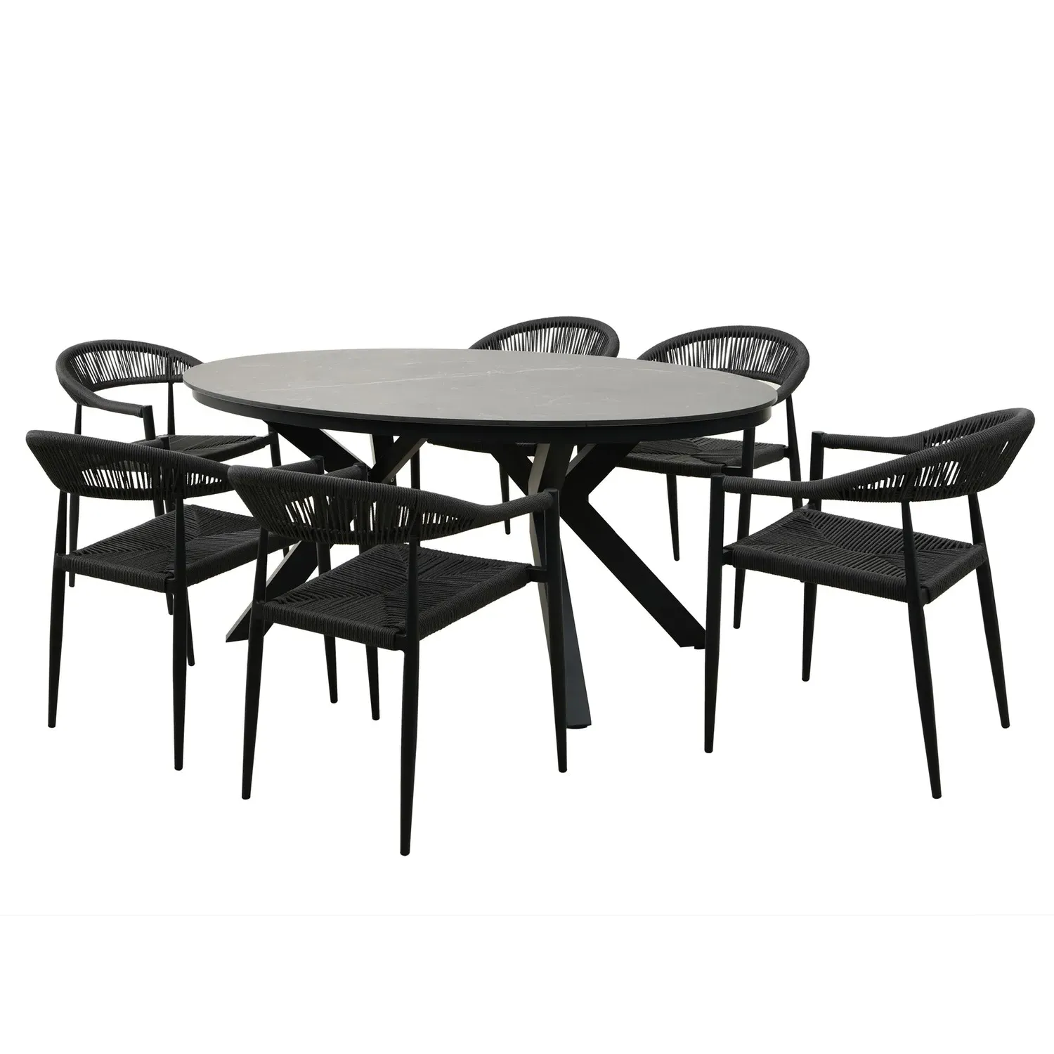 6-Seater Oval Garden Dining Set with Sintered Stone Table - Black, Wicker alternate view