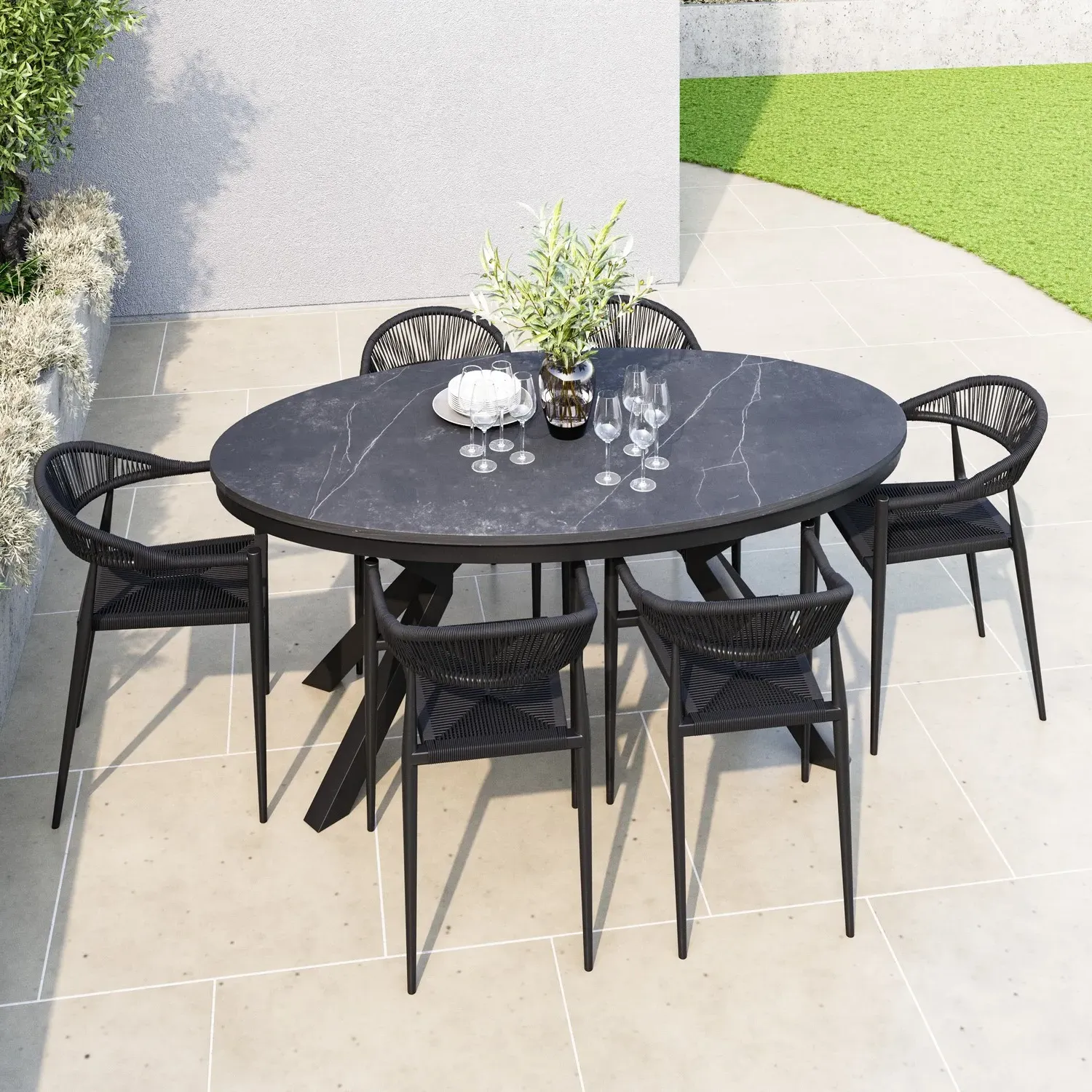 6-Seater Oval Garden Dining Set with Sintered Stone Table - Black, Wicker product
