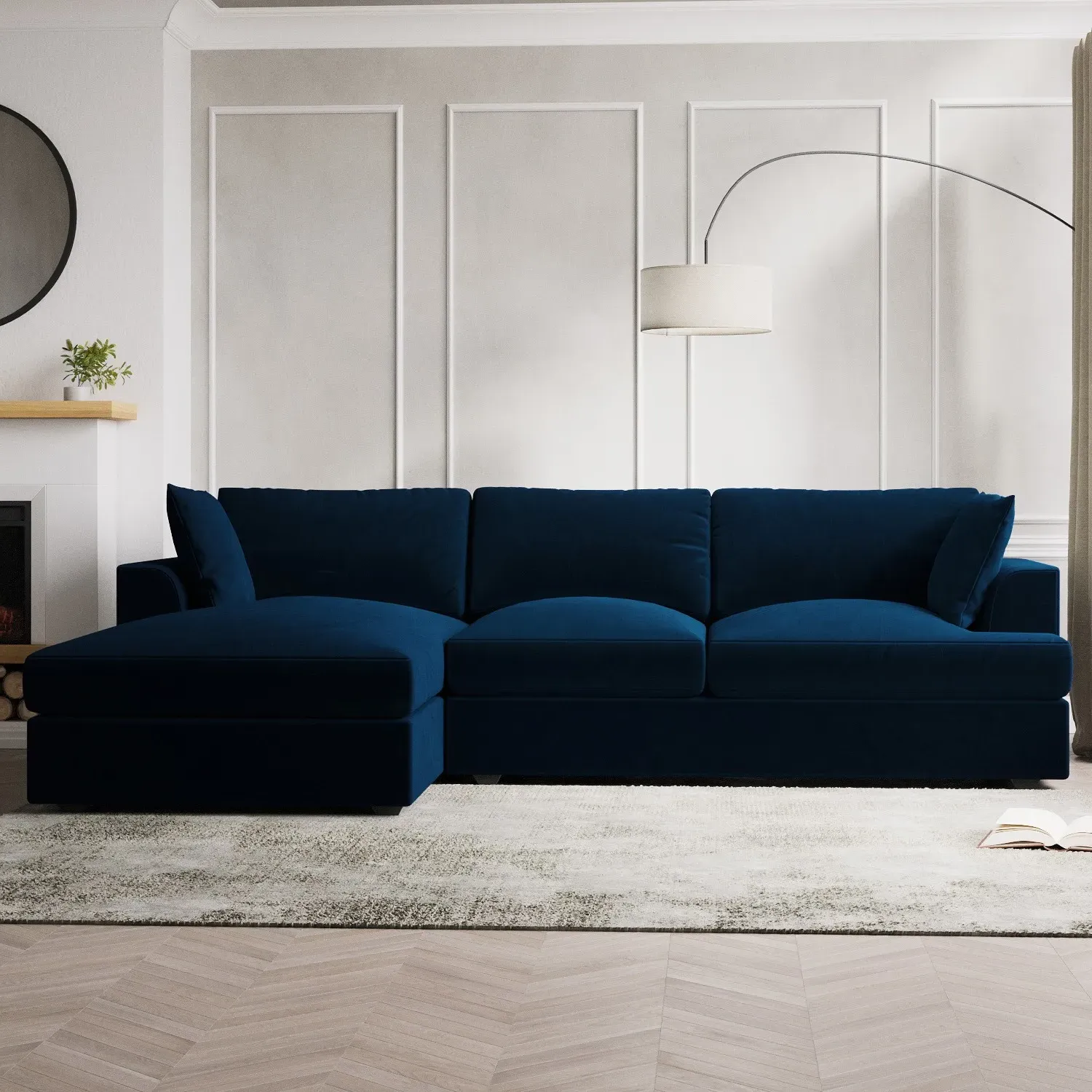August Right Hand Chaise Corner Sofa & Footstool Set - Navy, Velvet alternate view