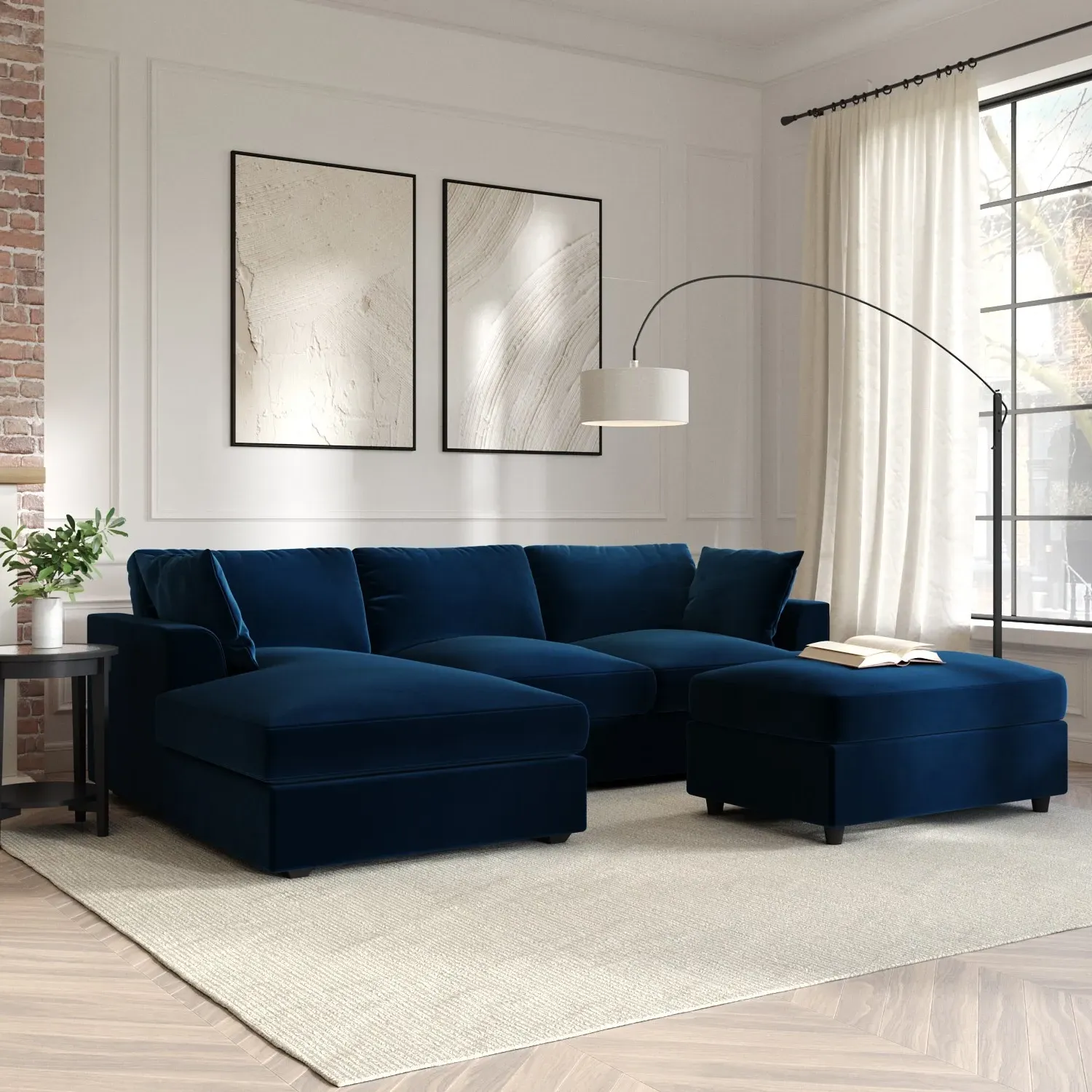 August Right Hand Chaise Corner Sofa & Footstool Set - Navy, Velvet product