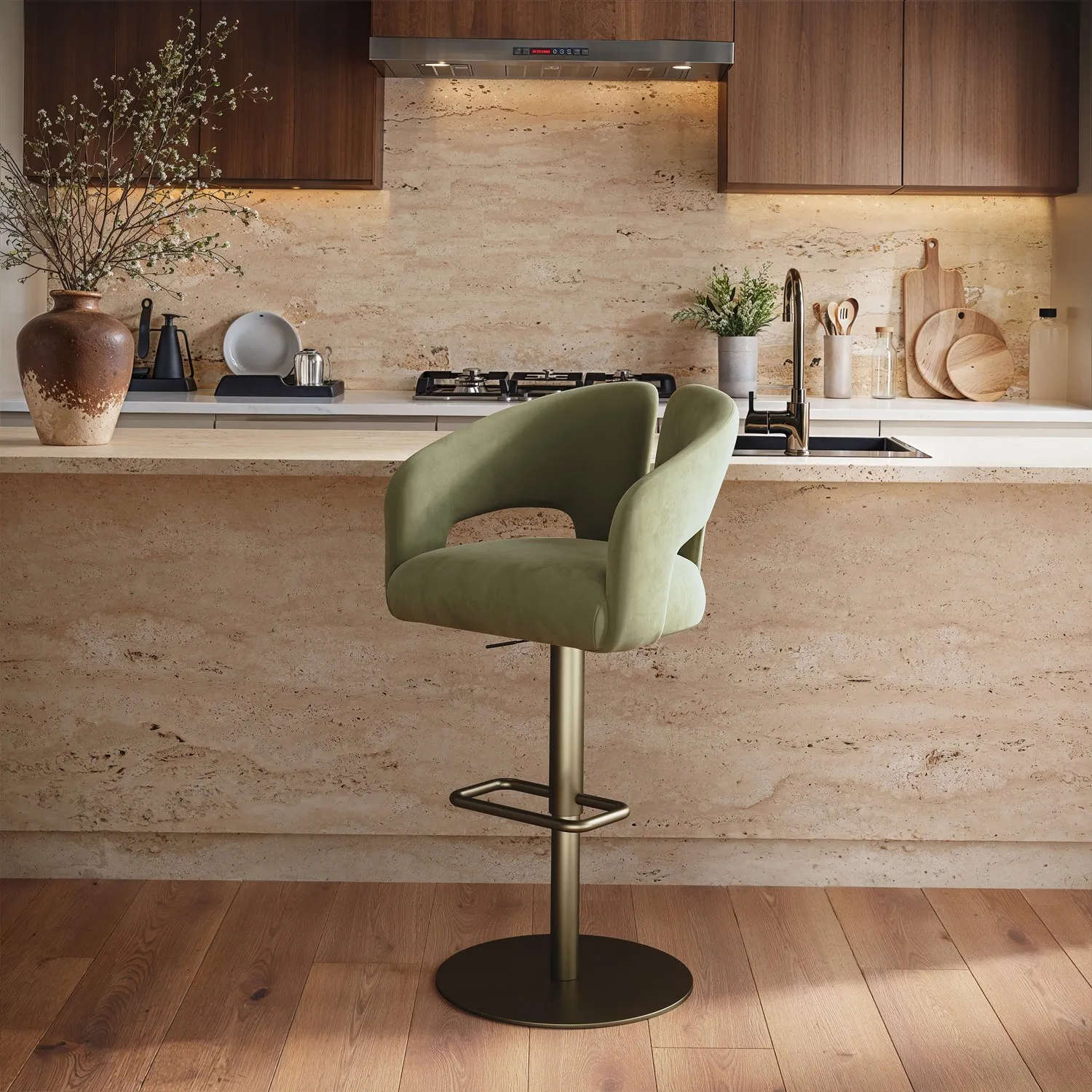Adjustable Swivel Bar Stool with Brass Base - Sage Green, Velvet product