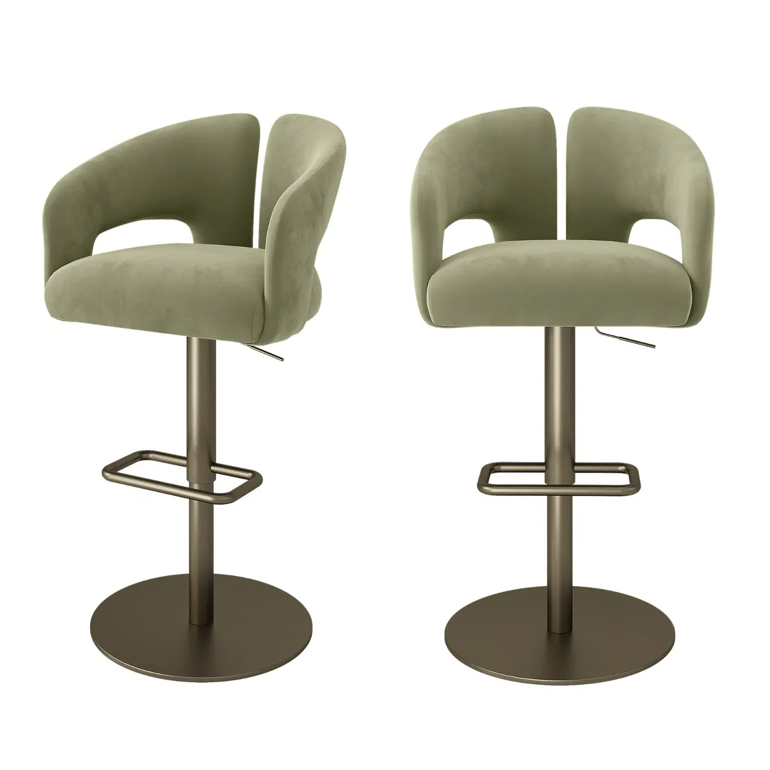 Set of 2 Adjustable Swivel Bar Stools with Brass Base - Sage Green, Velvet alternate view