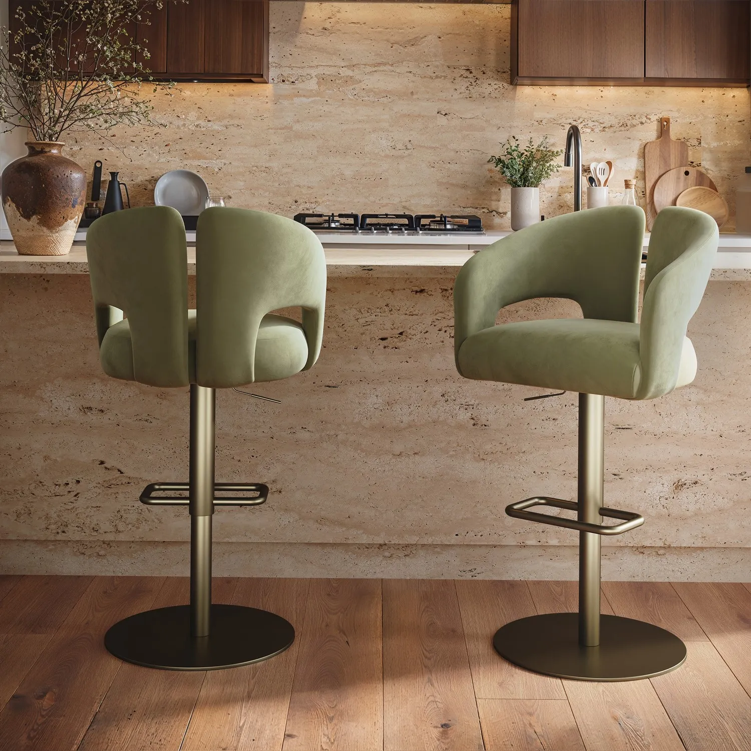 Set of 2 Adjustable Swivel Bar Stools with Brass Base - Sage Green, Velvet product