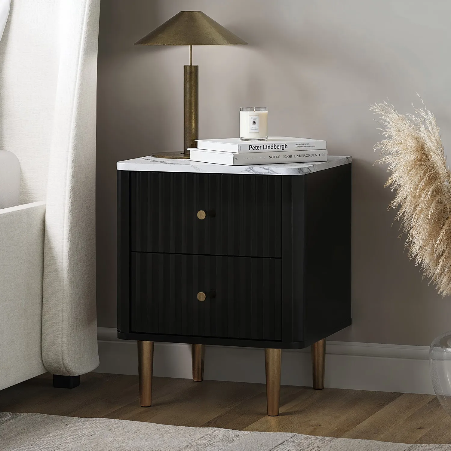 black-2-drawer-marble-top-fluted-bedside-table-lucia image