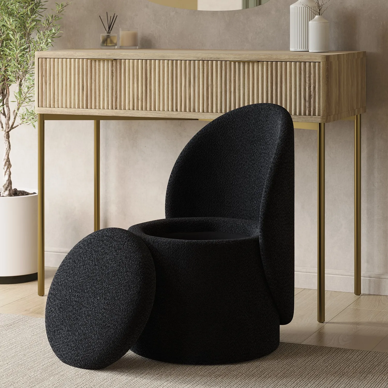 black-boucle-dressing-table-chair-with-ottoman-storage-leah image