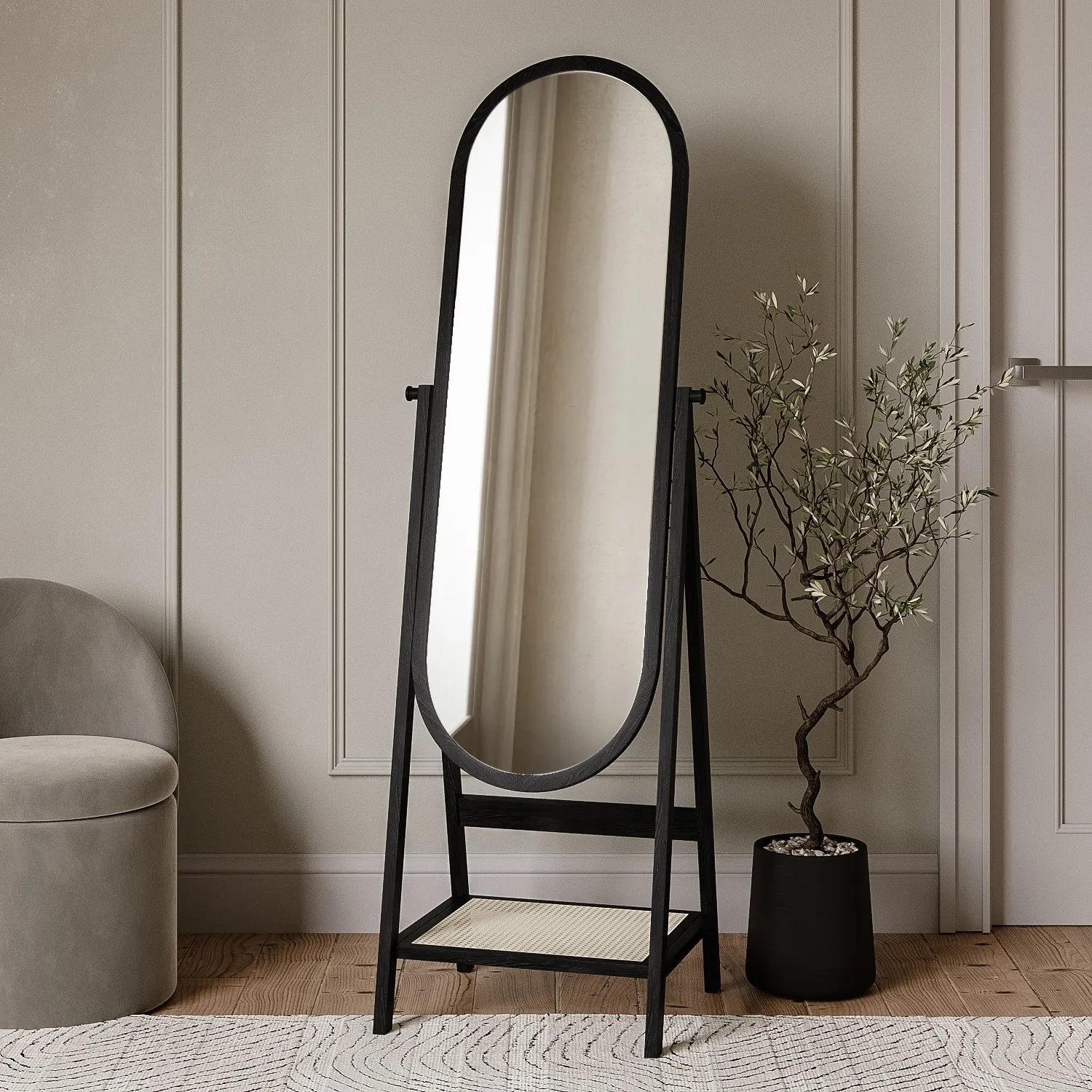 black-full-length-free-standing-oval-mirror-with-shelf-ida image