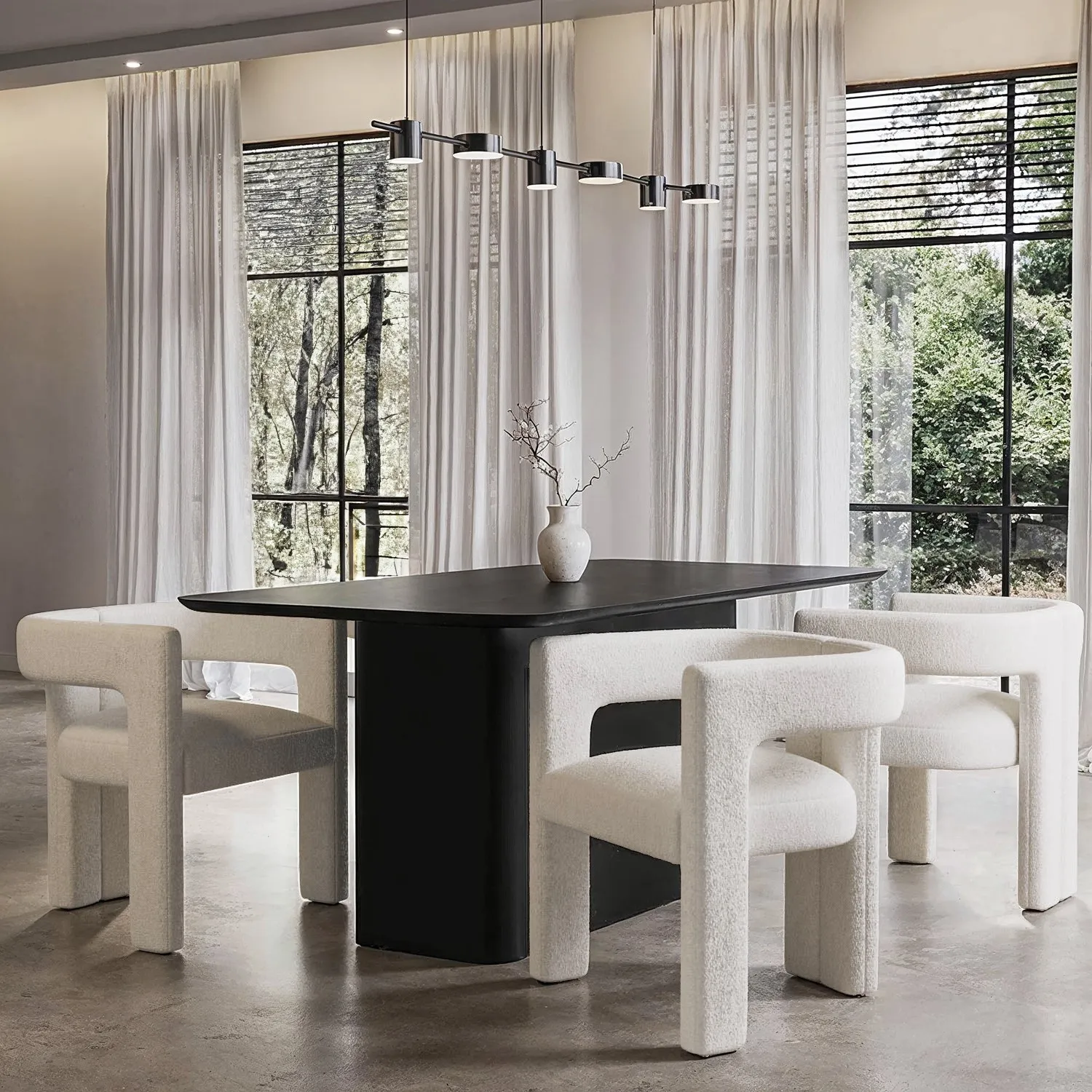 black-wooden-rectangular-dining-table-set-with-4-cream-boucle-curved-chairs-ari image