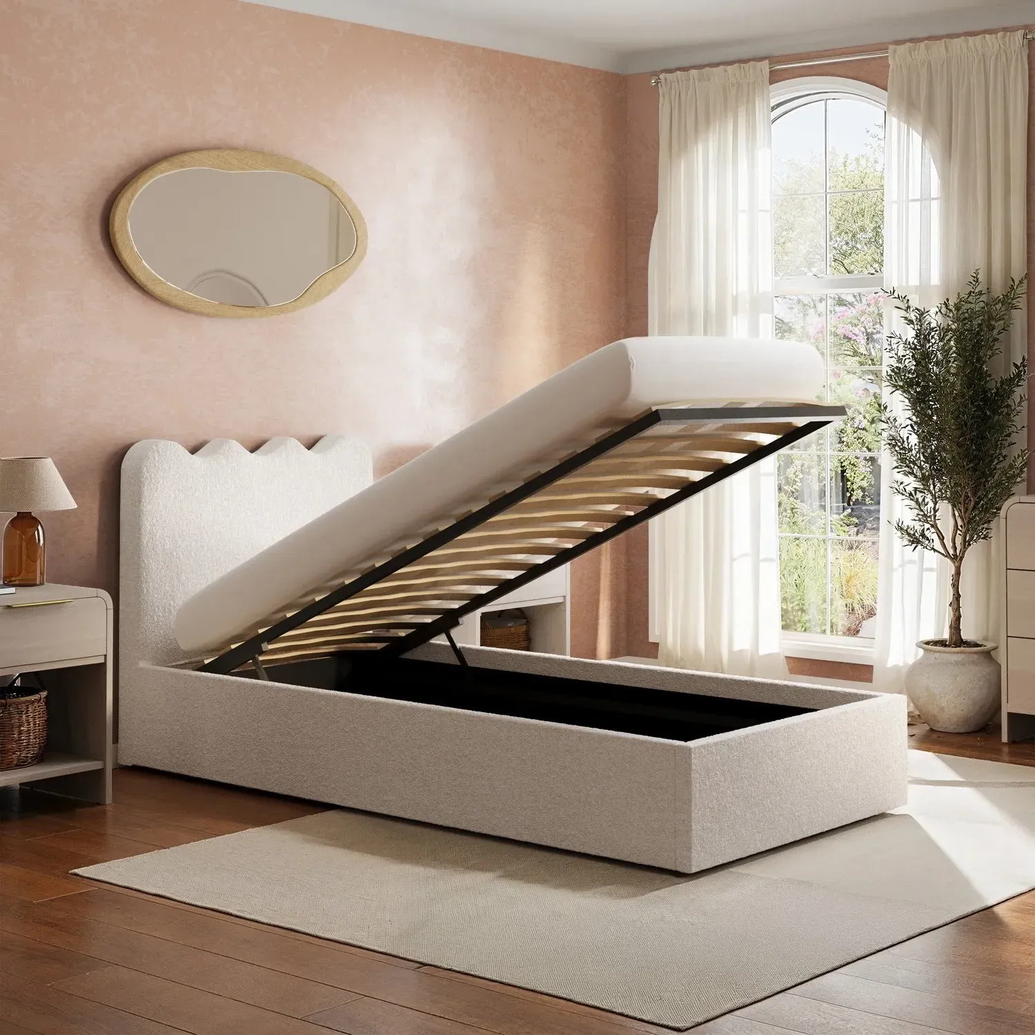 Boba Single Ottoman Bed with Scalloped Headboard - Cream, Boucle alternate view