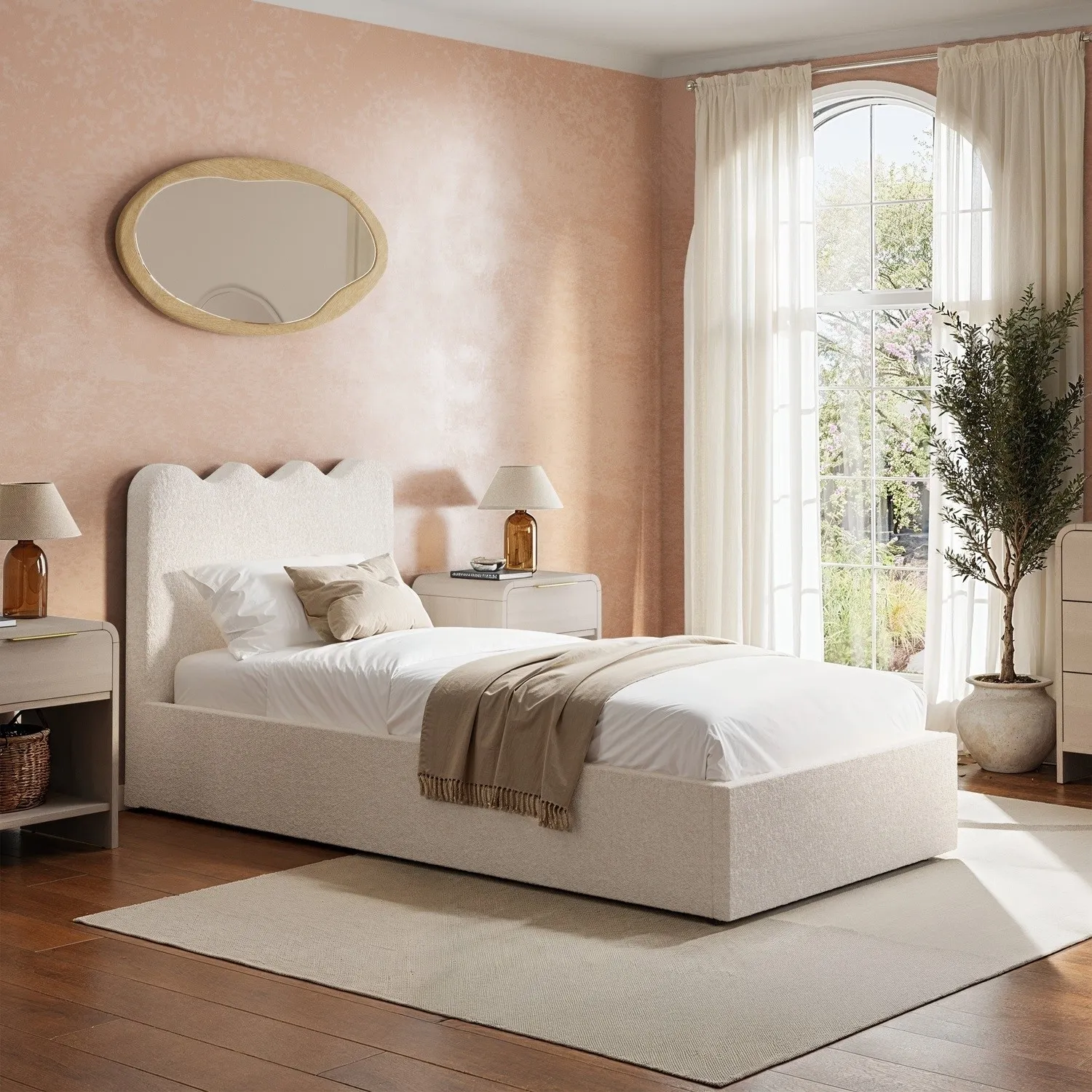 Boba Single Ottoman Bed with Scalloped Headboard - Cream, Boucle product