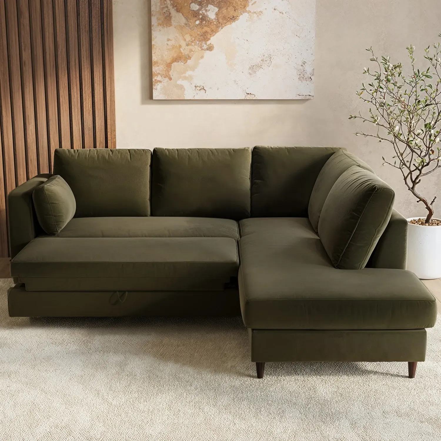 4-Seater Pull-Out Corner Sofa Bed with Storage - Khaki Green, Velvet alternate view