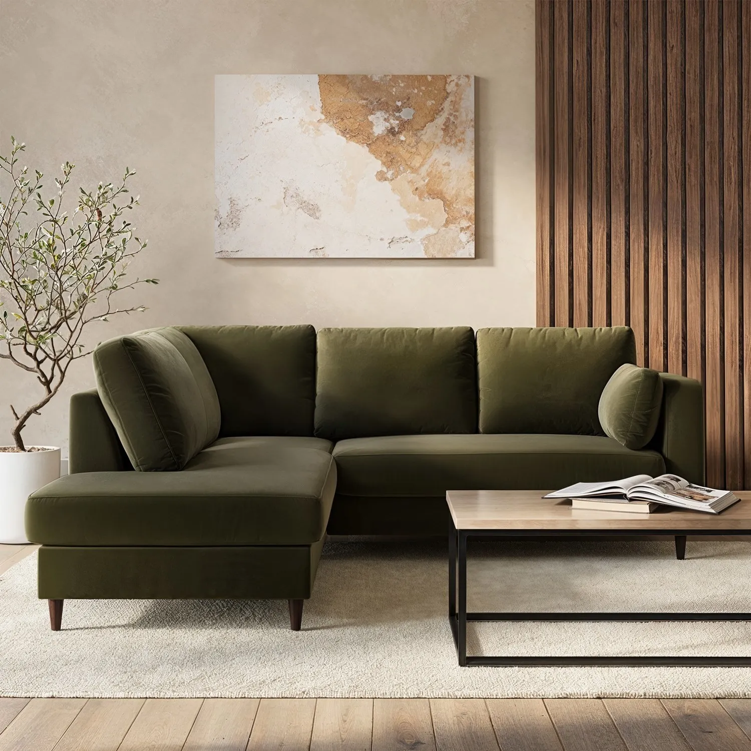 4-Seater Pull-Out Corner Sofa Bed with Storage - Khaki Green, Velvet product