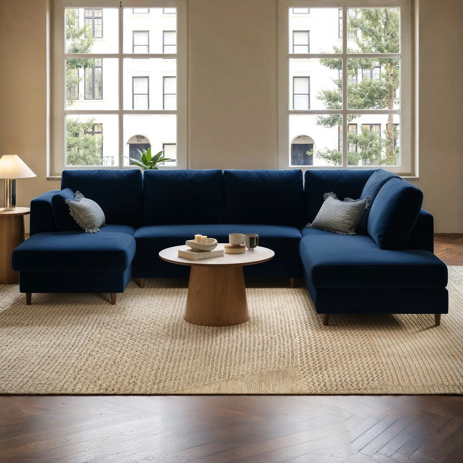 6-Seater U-Shape Sofa Bed with Storage - Blue, Velvet alternate view