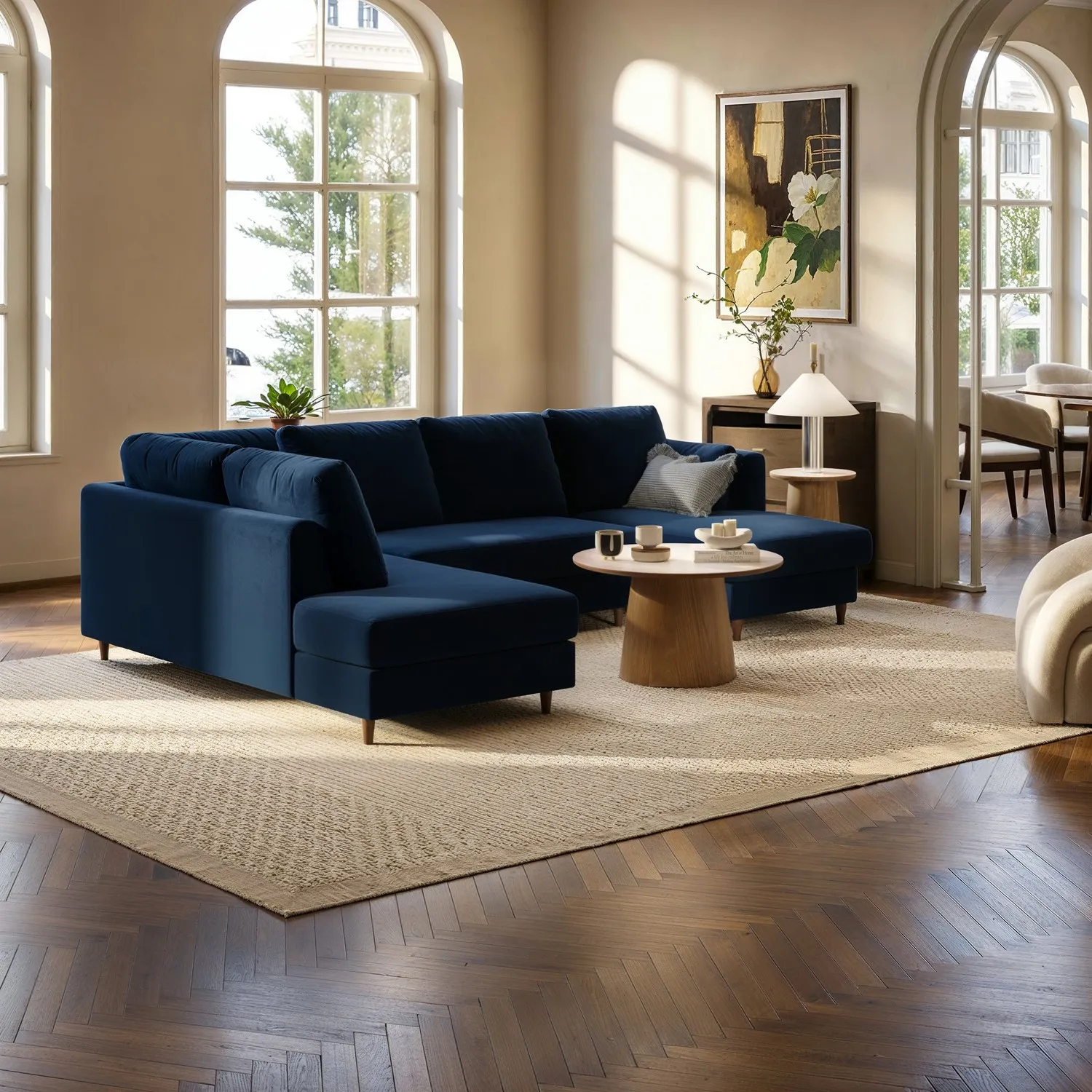 6-Seater U-Shape Sofa Bed with Storage - Blue, Velvet product