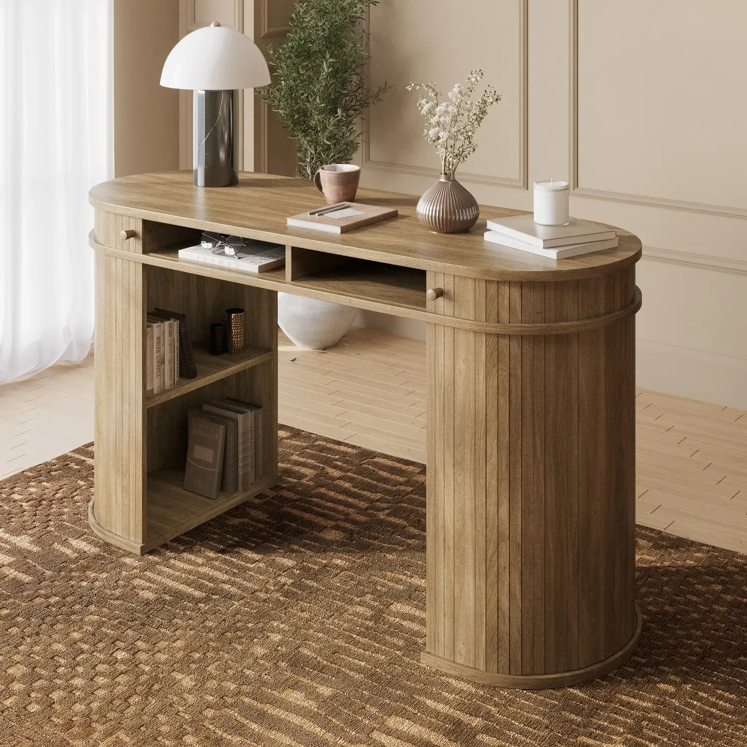 Breuer Curved Office Desk with Sliding Doors - Natural Oak product