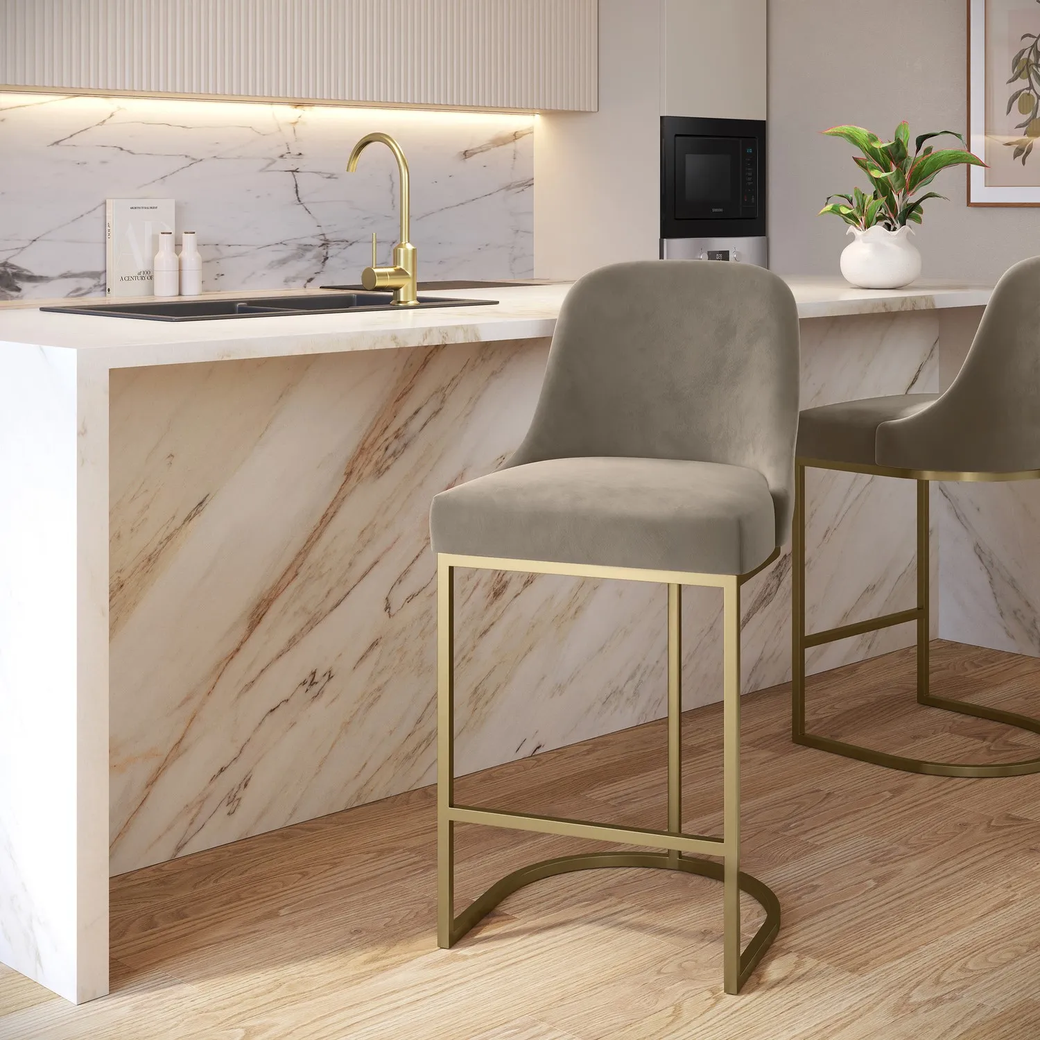 Kitchen Stool with Gold Legs - Mink, Velvet product