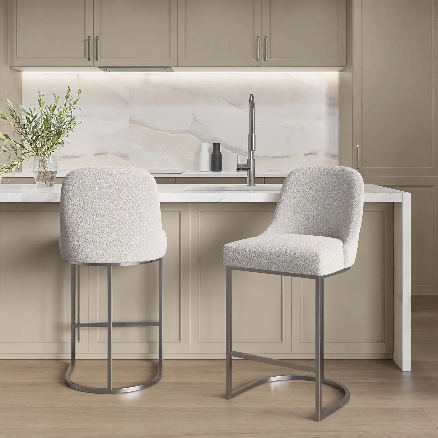 Set of 2 Kitchen Stools with Footrest - Beige, Boucle product