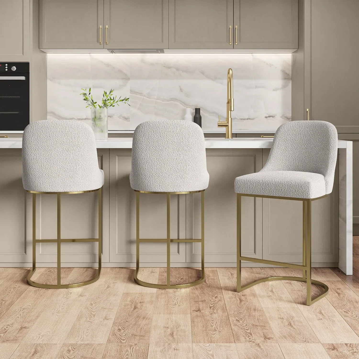 Set of 3 Boucle Kitchen Stools with Gold Legs - Beige product