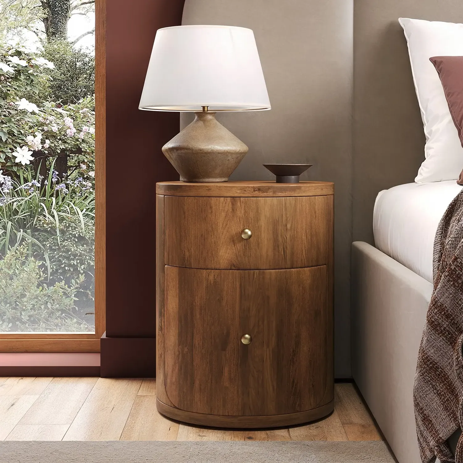 Round 2-Drawer Bedside Table - Dark Brown, Mango Wood alternate view